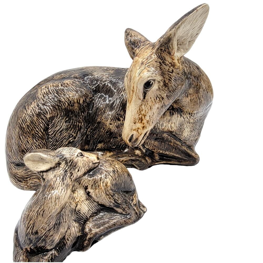 Ceramic Porcelain Mom and Baby Sitting Doe Deer and Baby Fawn Figurines